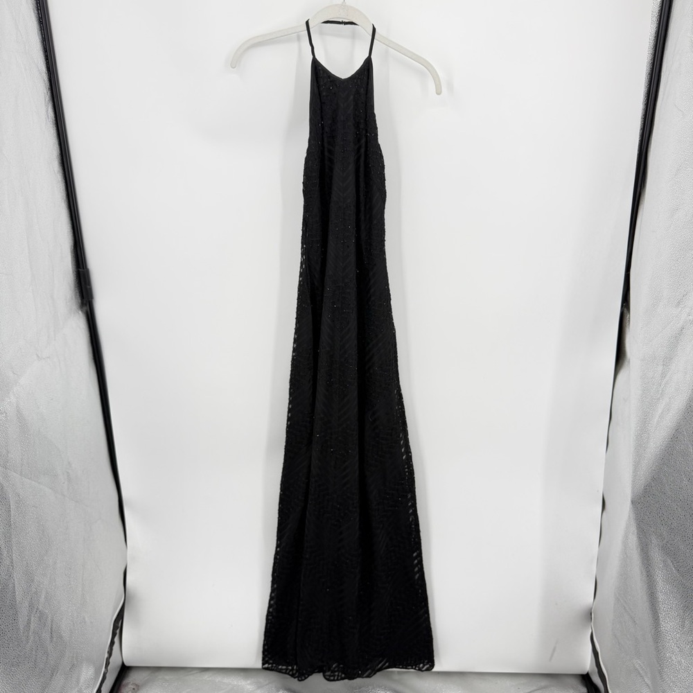 Vtg Adrianna Papell black fully beaded halter maxi  gown high neck backless‎ 4